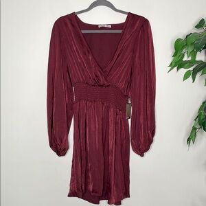Devoted Wine Ruched Long Sleeve Dress